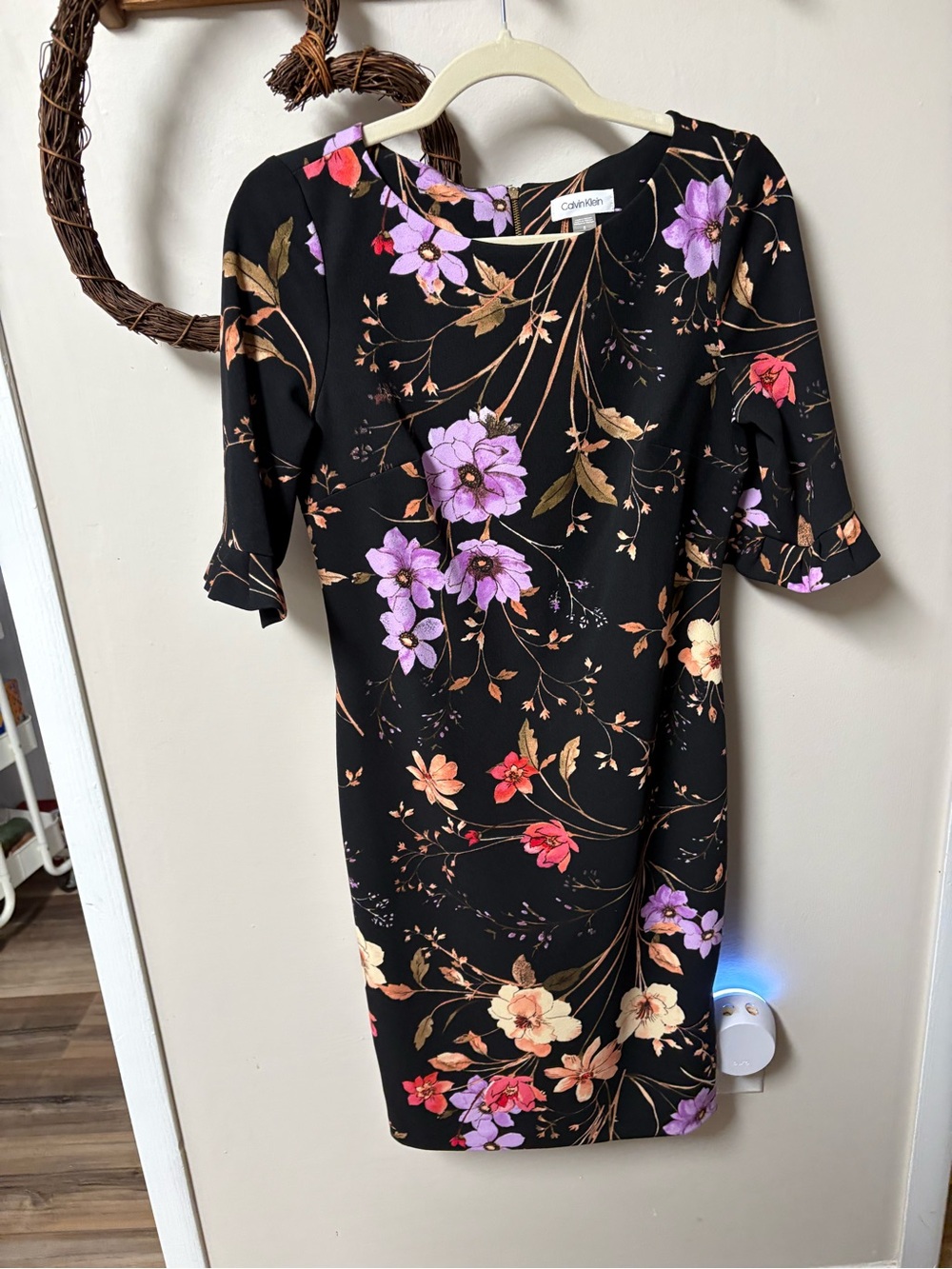 Calvin Klein Black Floral Midi Dress with Purple & Red Blooms